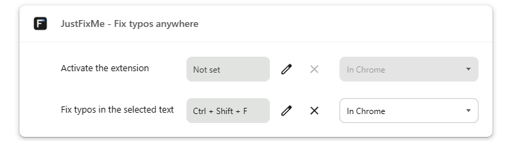 The JustFixMe row in chrome://extensions/shortcuts with Ctrl + Shift + F set on the 'Fix typos in the selected text' command